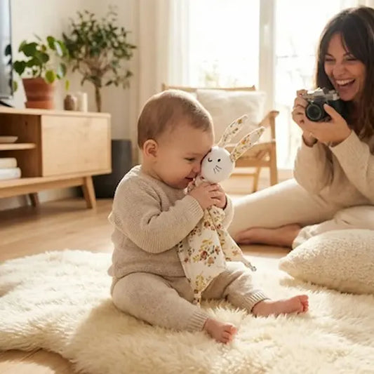 bébé assis tapis câline doudou bebe tissus fleur maman photographie