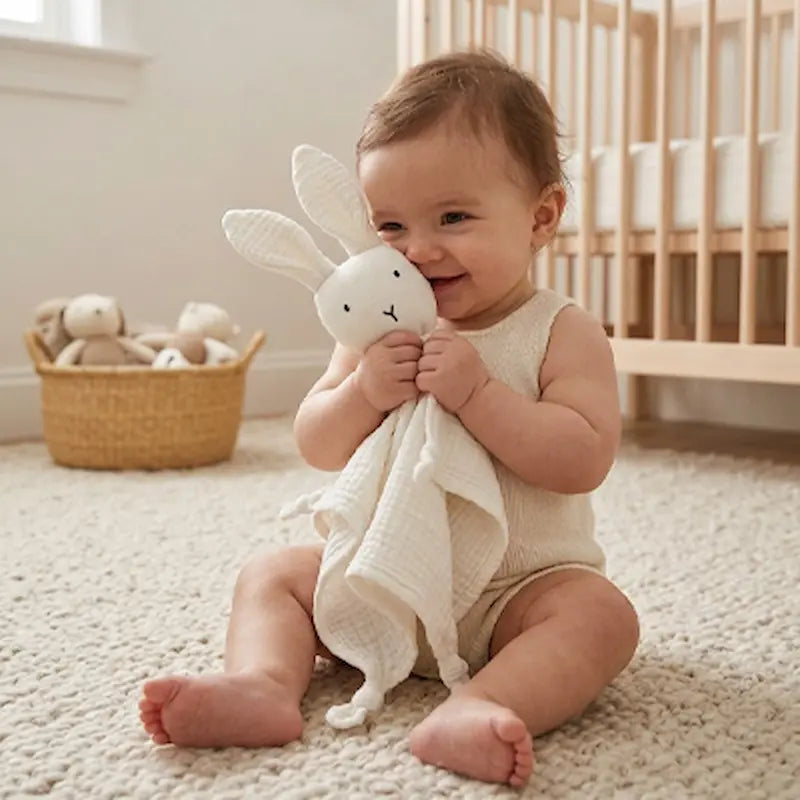 bébé assis tapis câline doudou lapin blanc