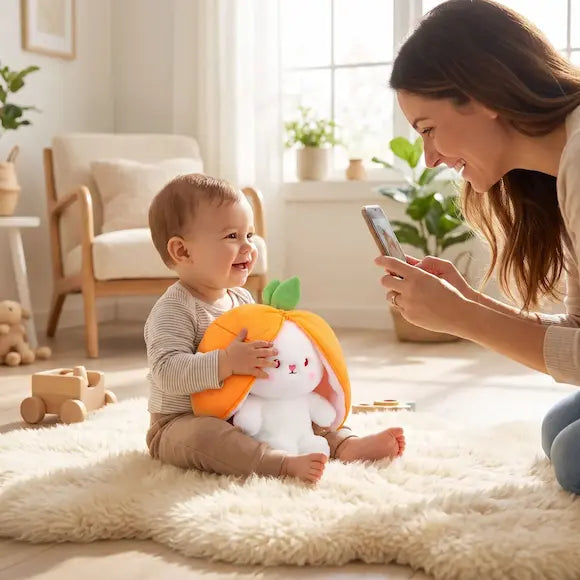 bébé assis tapis câline peluche bebe lapin carotte maman photographie