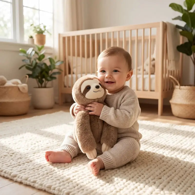 bébé assis tapis câline peluche bebe paresseux