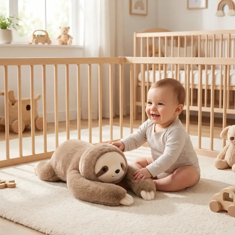 bébé assis tapis caresse peluche bebe paresseux pose tapis blanc
