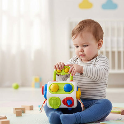 bebe assis tapis chambre joue avec jouet eveil bebe