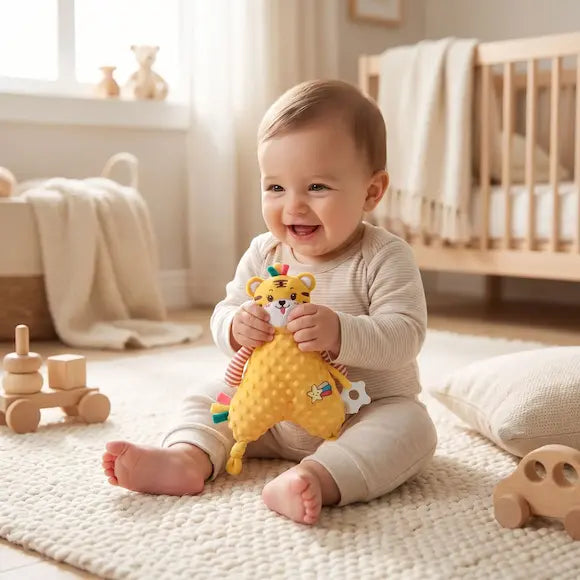 bébé assis tapis chambre joue doudou bebe tigre rembourré