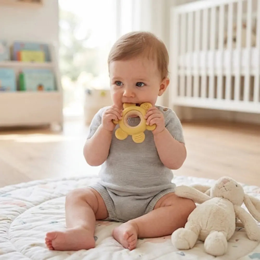 bebe assis tapis chambre mordille anneau de dentition jaune