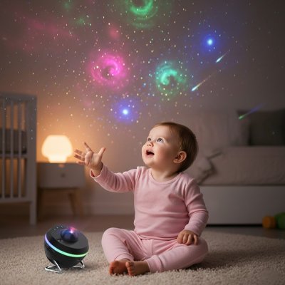 bebe assis tapis chambre regarde image plafond veilleuse projection bebe