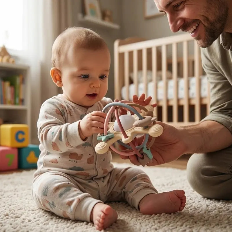 bébé assis tapis chambre tient hochet bébé avec papa