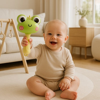 bebe assis tapis chambre tient hochet pour bebe grenouille