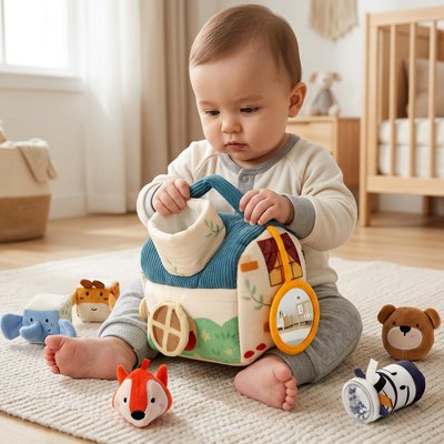 bébé assis tapis chambre tient mains cube d'activite bebe