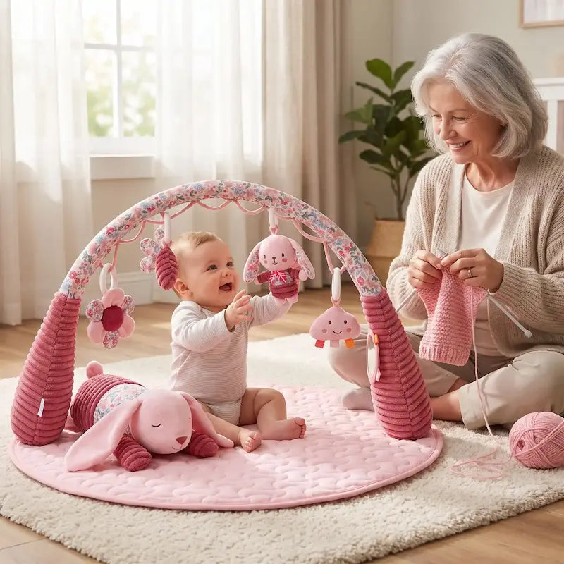 bébé assis tapis d éveil touche hochets mamie tricotte