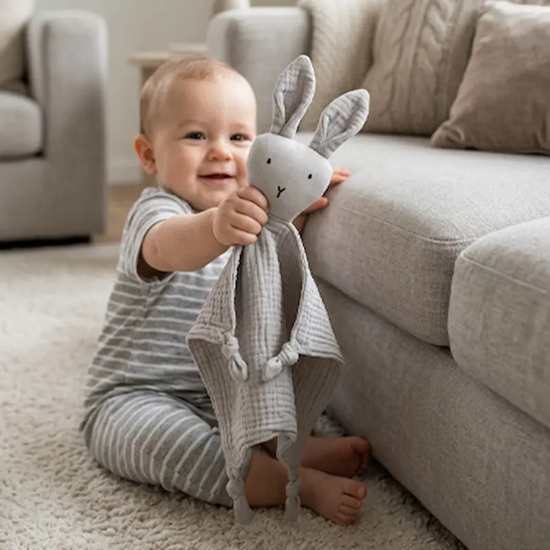 bébé assis tapis devant canapé tient doudou lapin gris