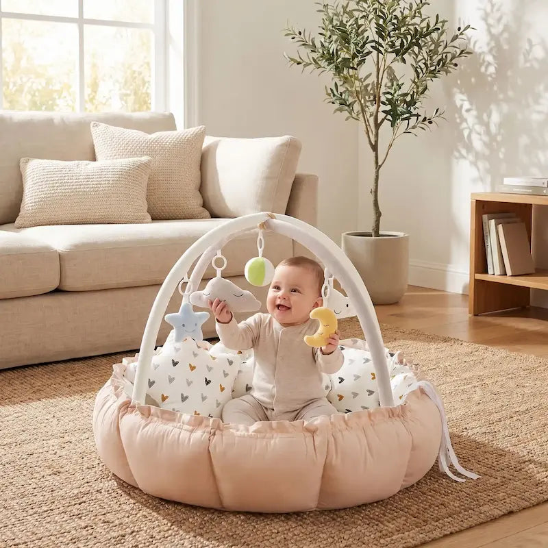 bébé assis tapis d'éveil bébé tient hochets suspendus mains