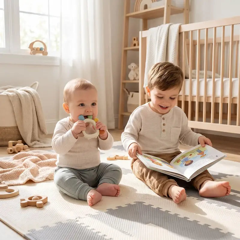 bébé assis tapis éveil mordille anneau dentition bébé frère lit