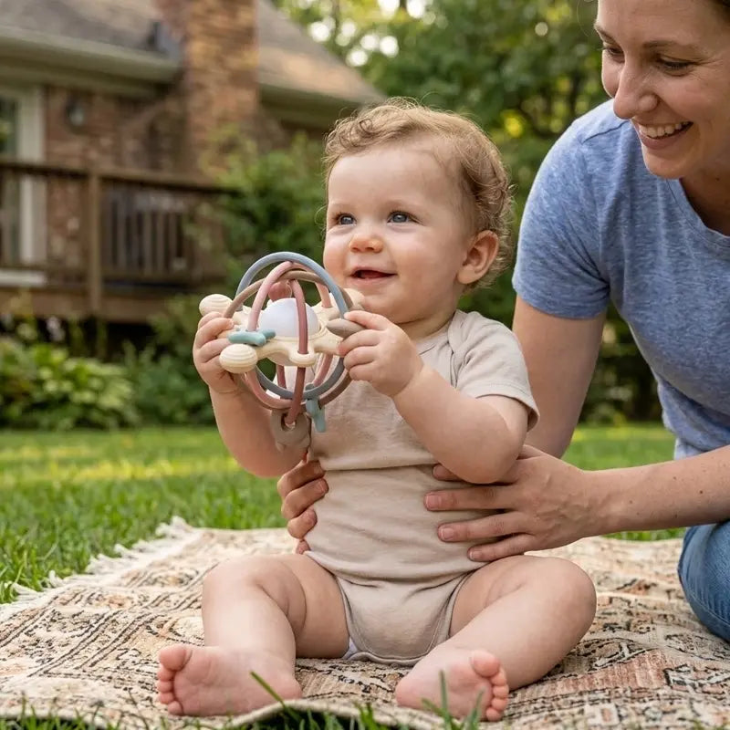 bébé assis tapis jardin tient hochet bébé maman tient bébé