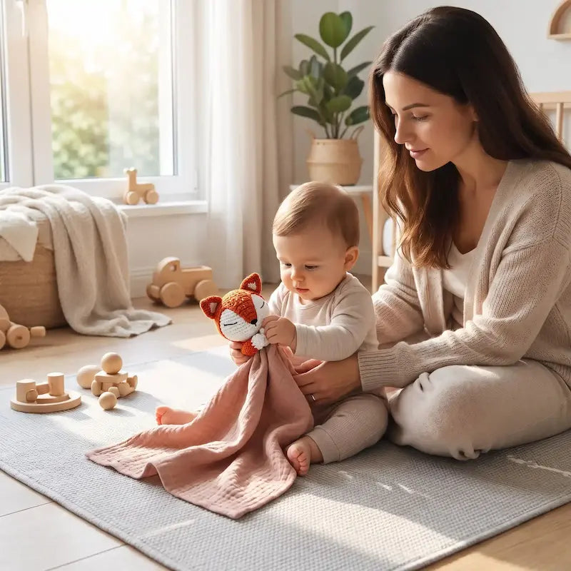 bébé assis tapis joue doudou bébé maman assise surveille bébé
