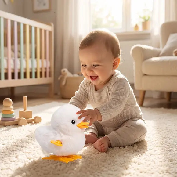 bébé assis tapis joue jouet bebe poussin blanc mécanique