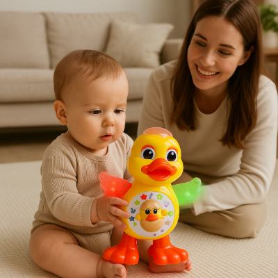 bebe assis tapis joue jouet eveil bebe canard maman sourit