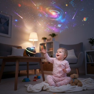 bebe assis tapis lève bras regarde plafond veilleuse projection bebe