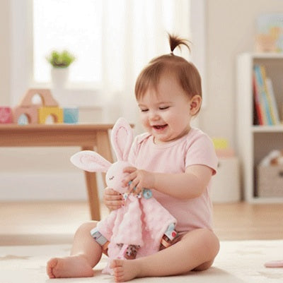 bebe assis tapis manipule doudou bebe lapin rose