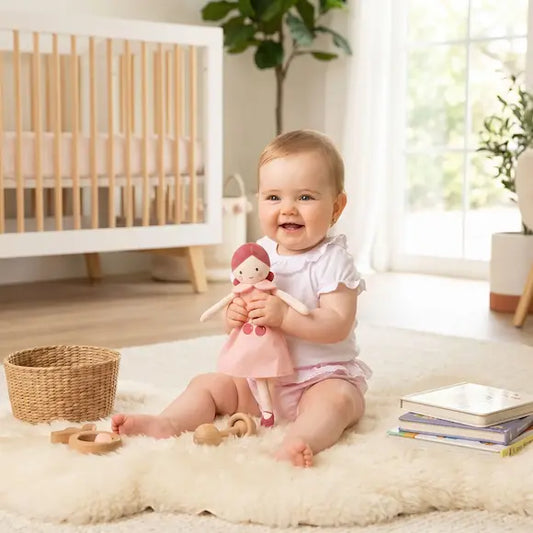 bébé assis tapis moelleux tient poupée de chiffon