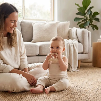 bébé assis tapis mord anneau dentition bébé maman assise regarde