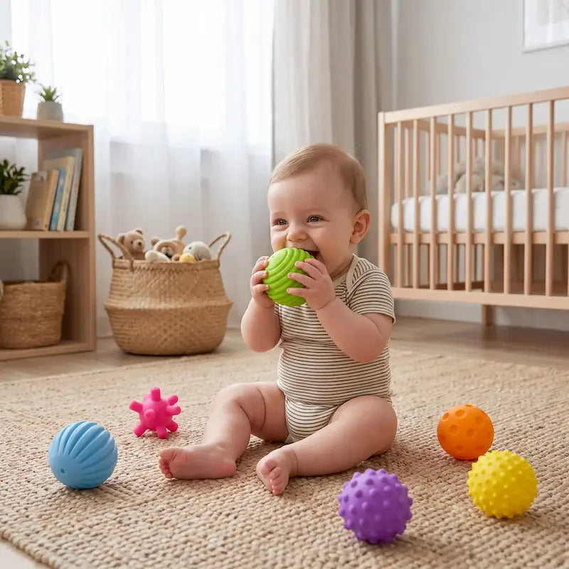 bébé assis tapis mord balle sensorielle bebe verte