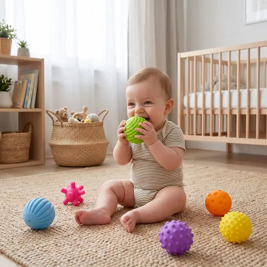 bébé assis tapis mord balle sensorielle bebe verte