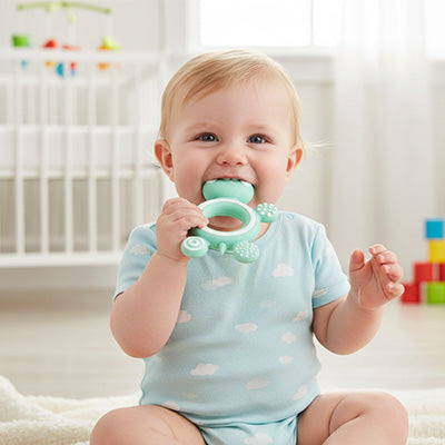 bebe assis tapis mord embout anneau dentition bebe tortue