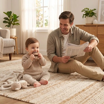 bebe assis tapis mordille anneau de dentition papa lit journal