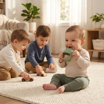 bebe assis tapis mordille anneau de dentition vert enfant jouent