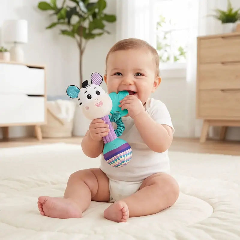 bébé assis tapis mordille patte silicone dentition hochet bébé