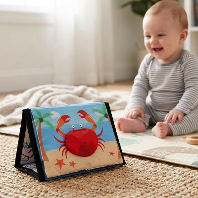 bébé assis tapis mousse regarde livre bebe en tissus crabe