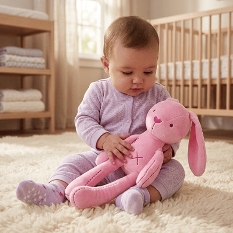 bébé assis tapis regarde doudou lapin rose mains