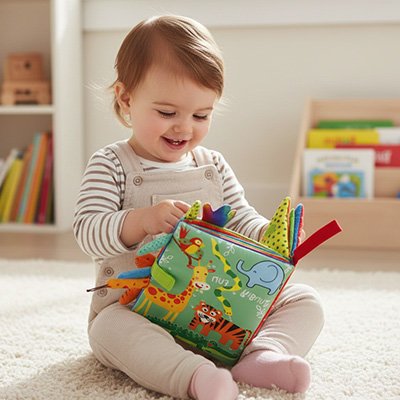 bebe assis tapis regarde joyeusement livre bebe en tissus