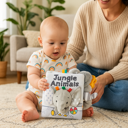 bebe assis tapis regarde livre bebe