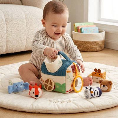 bébé assis tapis rond tient cube d'activite bebe