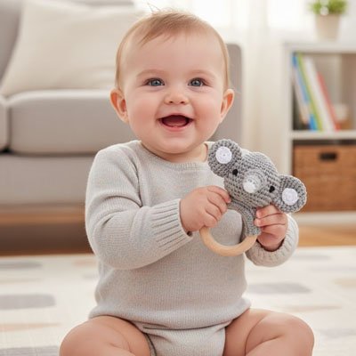 bebe assis tapis salon tient hochet bebe elephant dans mains