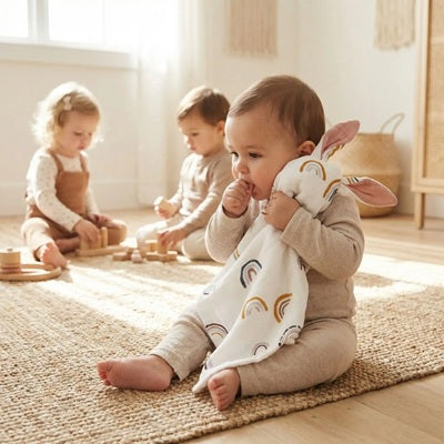 bebe assis tapis suce pouce doudou bebe deux enfants jouent
