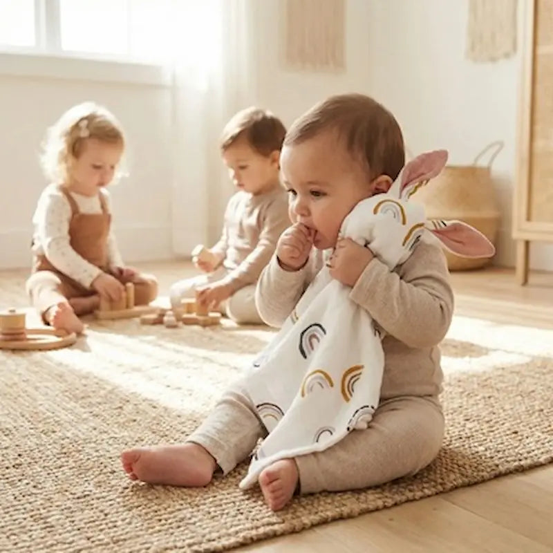 bébé assis tapis suce pouce doudou bebe deux enfants jouent