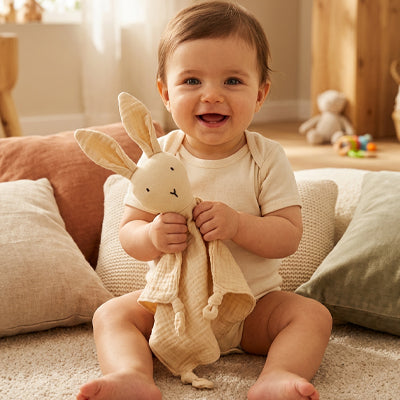 bebe assis tapis tient doudou bebe lapin beige