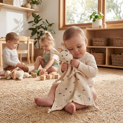 bebe assis tapis tient doudou lapin pissenlit contre joue