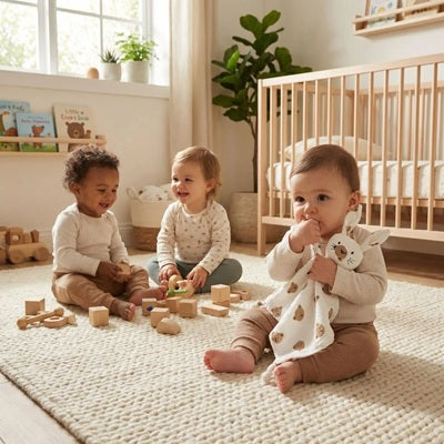 bebe assis tapis tient doudou naissance enfants jouent tapis creche