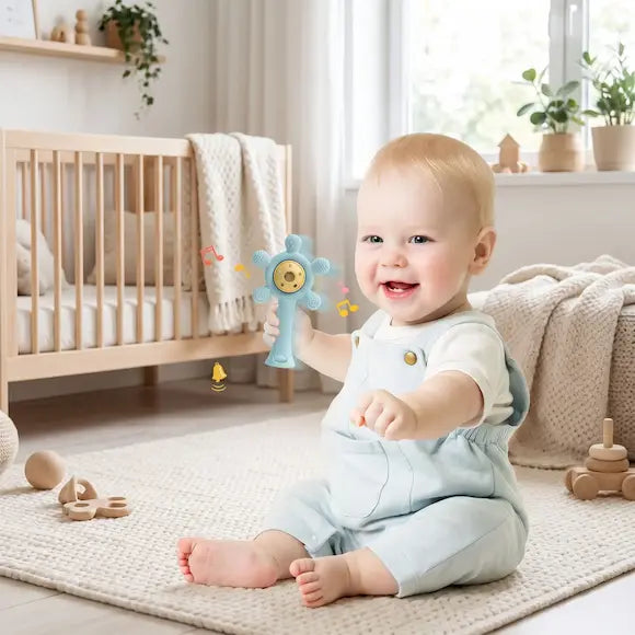 bébé assis tapis tient hochet bebe bleu dans mains