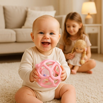 bebe assis tapis tient hochet bebe soeur joue poupee