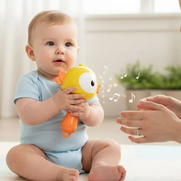 bébé assis tapis tient hochet pour bebe poussin