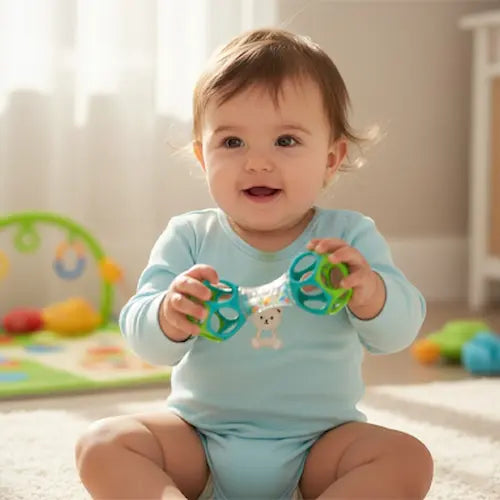 bébé assis tapis tient hochet vert bleu