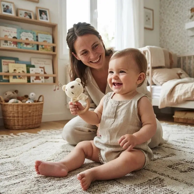 bébé assis tapis tient main hochet bébé maman assis sourit
