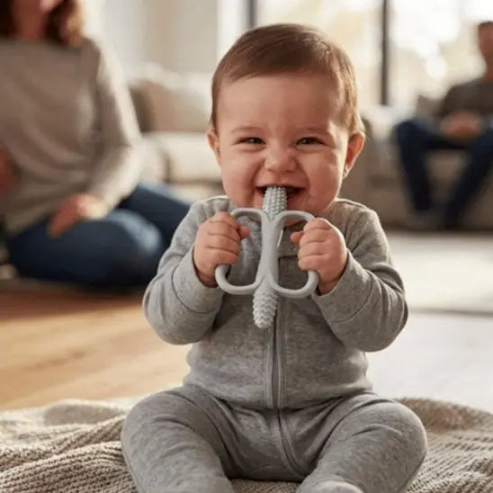 bébé assis tapis tient mains anneau de dentition bébé