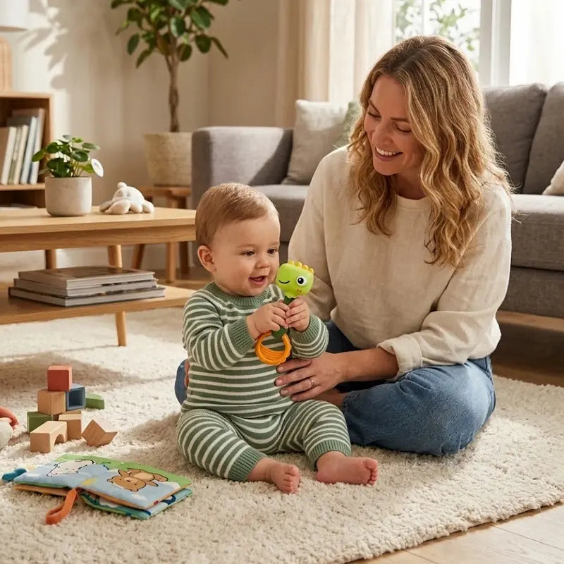 bébé assis tapis tient mains hochet bébé dinosaure maman sourit