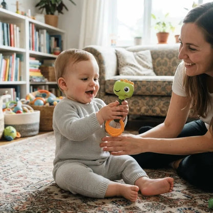 bébé assis tapis tient mains hochet bébé maman assise sourit