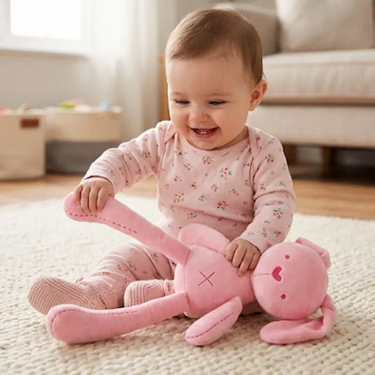 bébé assis tapis tient patte doudou lapin rose